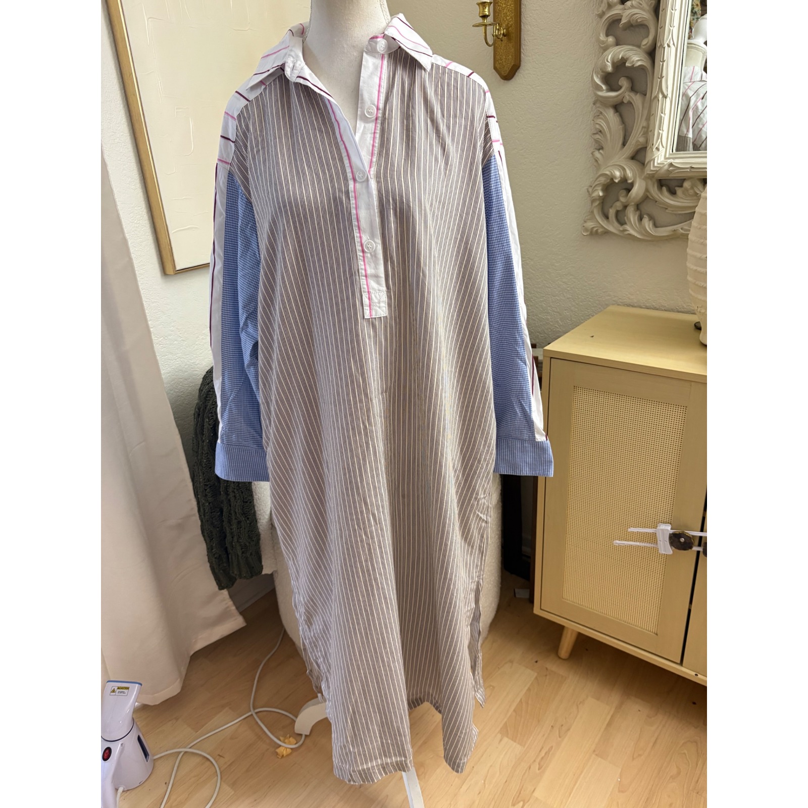 No. 6 Store Devon Dress Stripe Combo Mix Print Midi Shirt Poplin Dress Size Xs/S — image 2 of 8